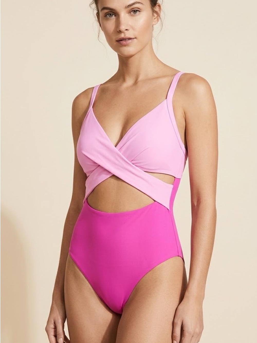 Two-Tone Pink Cross-Front One-Piece Swimsuit M